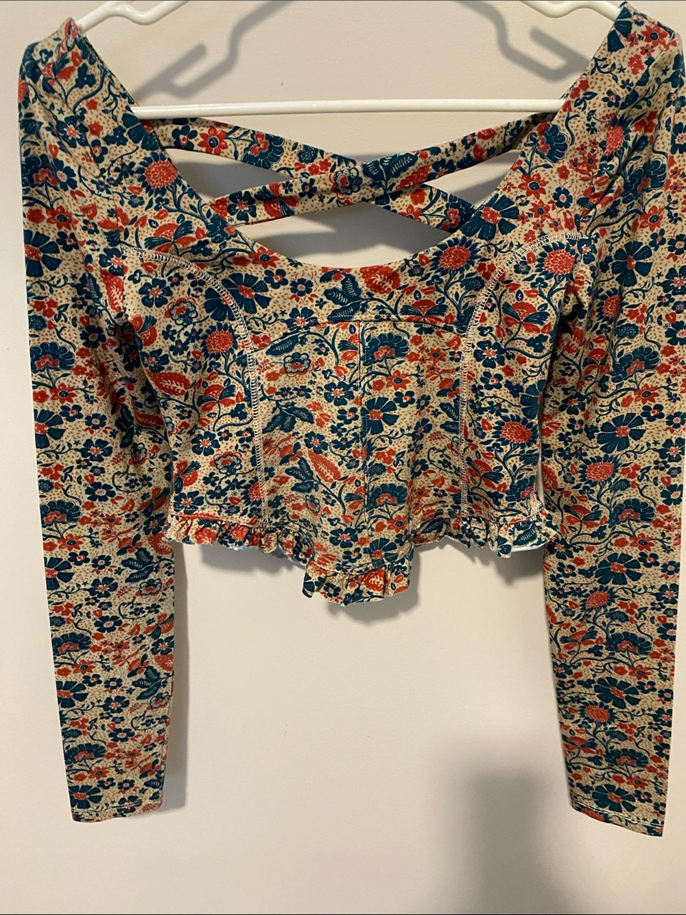 NWOT Free People Floral Cross-Back Long Sleeve Top in Cream, Navy & Rust